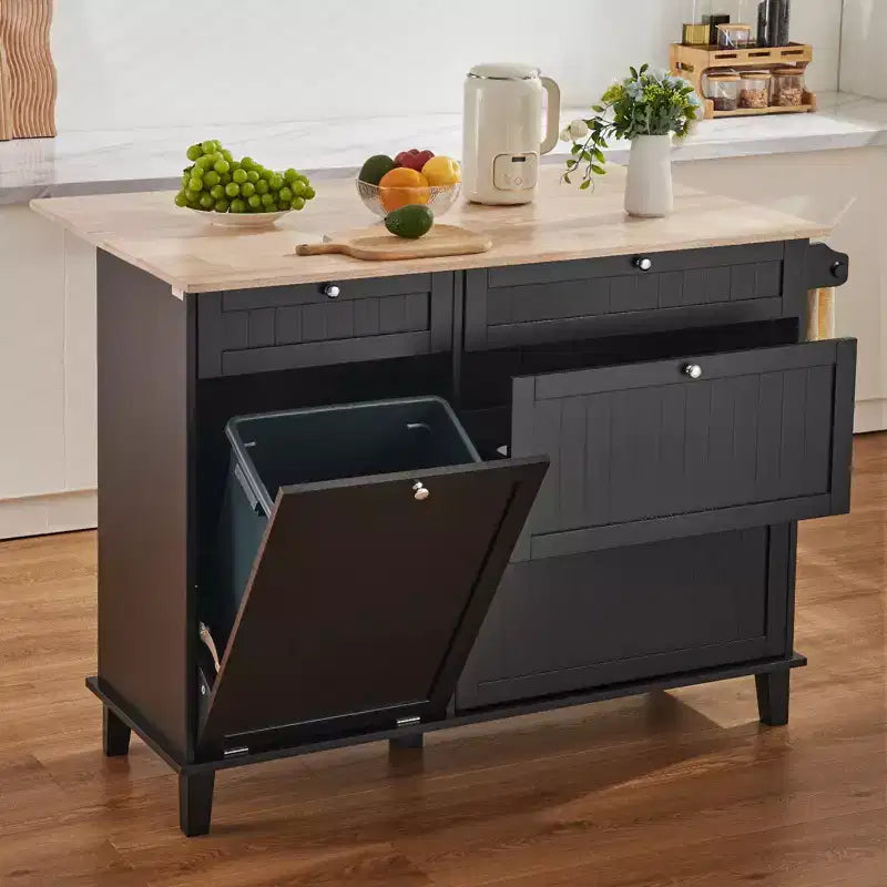 Kitchen Island Cart, 50 Wood Top Breakfast Bar with Trash Cabinet Tilt Out 10 Gallon Storage, Farmhouse Dining Living Room Table