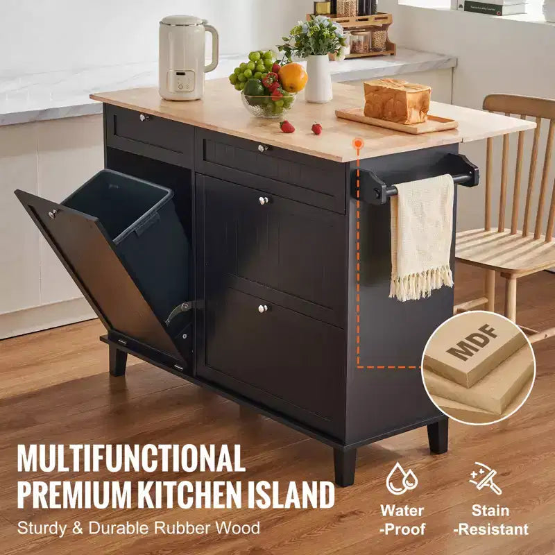 Kitchen Island Cart, 50 Wood Top Breakfast Bar with Trash Cabinet Tilt Out 10 Gallon Storage, Farmhouse Dining Living Room Table