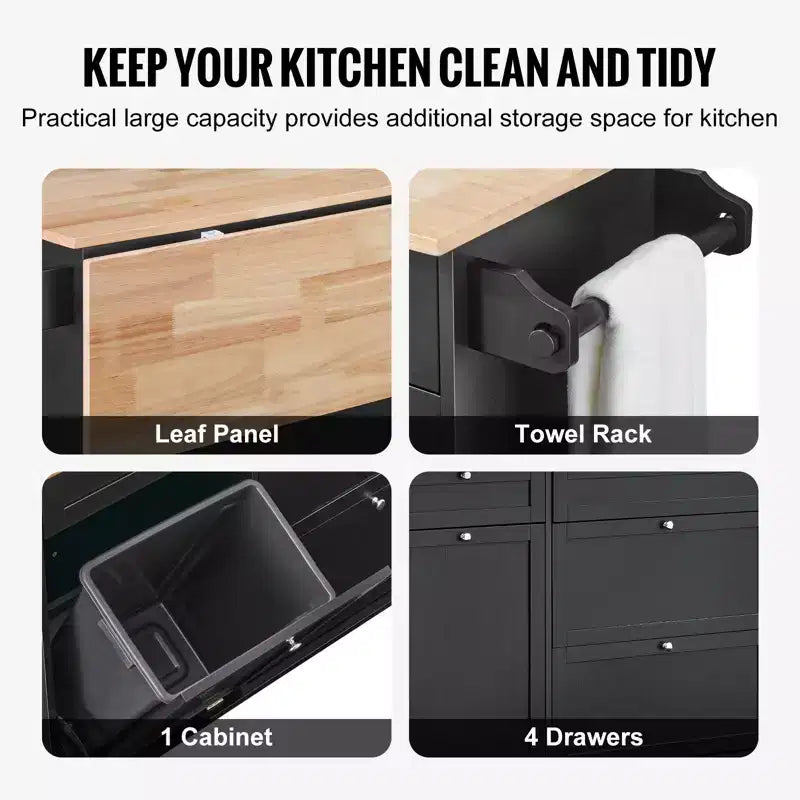 Kitchen Island Cart, 50 Wood Top Breakfast Bar with Trash Cabinet Tilt Out 10 Gallon Storage, Farmhouse Dining Living Room Table