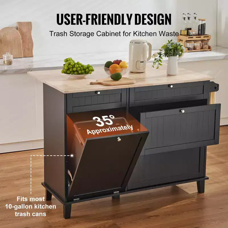 Kitchen Island Cart, 50 Wood Top Breakfast Bar with Trash Cabinet Tilt Out 10 Gallon Storage, Farmhouse Dining Living Room Table