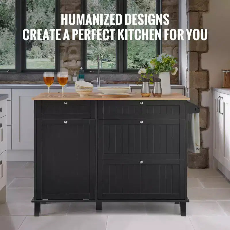 Kitchen Island Cart, 50 Wood Top Breakfast Bar with Trash Cabinet Tilt Out 10 Gallon Storage, Farmhouse Dining Living Room Table