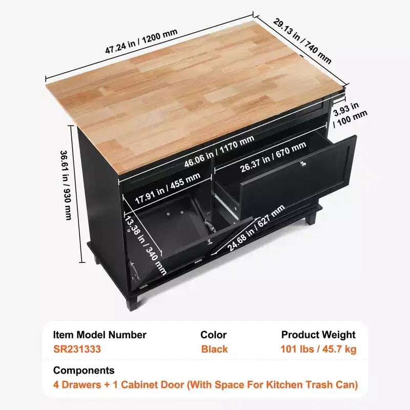 Kitchen Island Cart, 50 Wood Top Breakfast Bar with Trash Cabinet Tilt Out 10 Gallon Storage, Farmhouse Dining Living Room Table