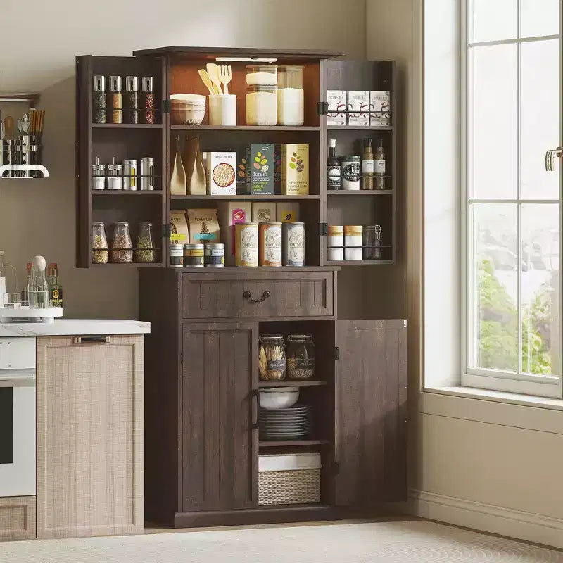 71 LED Kitchen Pantry Cabinet, Farmhouse Storage Cabinet with Door Shelves, Adjustable Shelves and Drawer, Distressed Brown