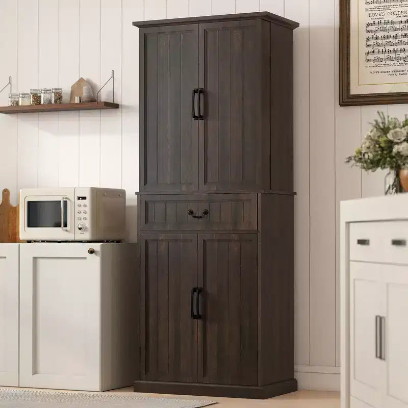 71 LED Kitchen Pantry Cabinet, Farmhouse Storage Cabinet with Door Shelves, Adjustable Shelves and Drawer, Distressed Brown