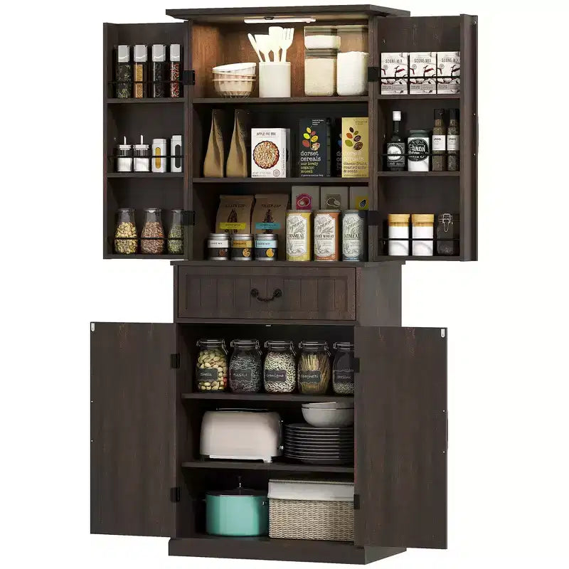 71 LED Kitchen Pantry Cabinet, Farmhouse Storage Cabinet with Door Shelves, Adjustable Shelves and Drawer, Distressed Brown