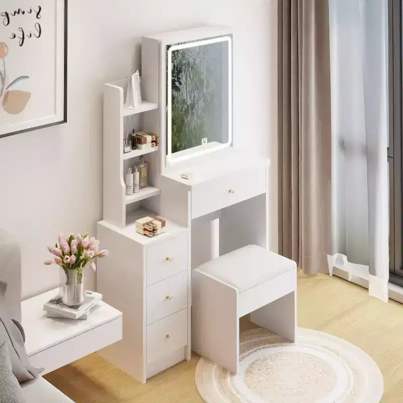 Sliding Mirror Vanity Desk, Space-Saving Makeup Table with Hidden Storage, 3 Lighting Modes & Cushioned Stool for Small Bedrooms