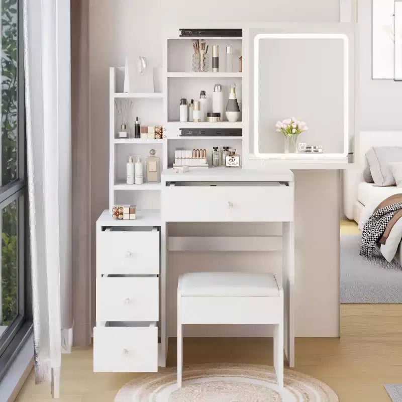 Sliding Mirror Vanity Desk, Space-Saving Makeup Table with Hidden Storage, 3 Lighting Modes & Cushioned Stool for Small Bedrooms