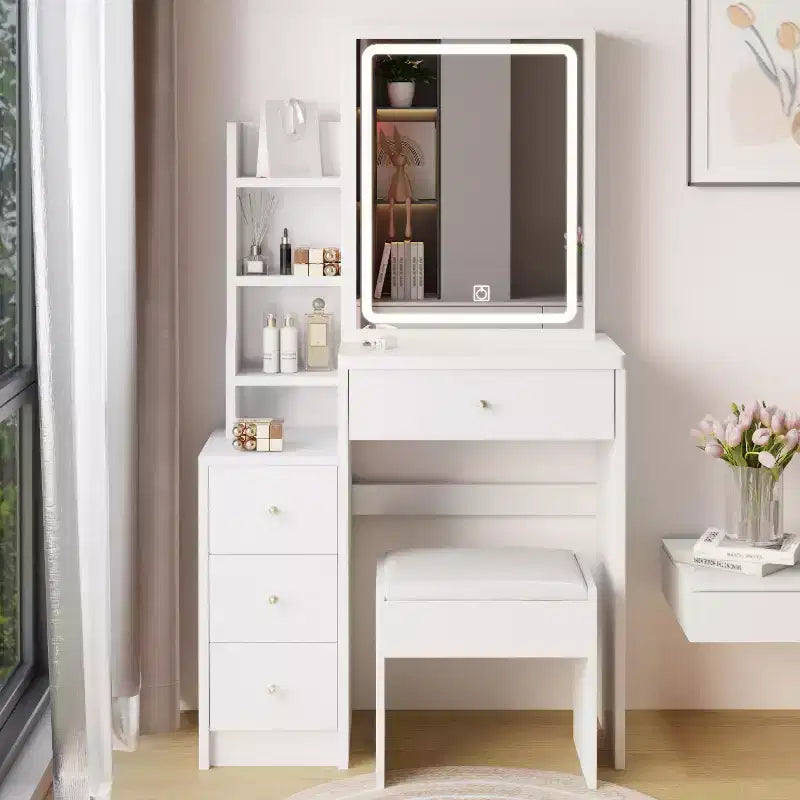 Sliding Mirror Vanity Desk, Space-Saving Makeup Table with Hidden Storage, 3 Lighting Modes & Cushioned Stool for Small Bedrooms