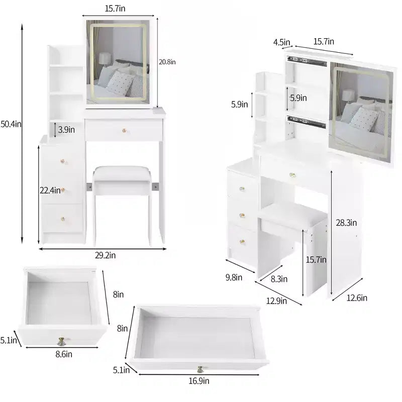 Sliding Mirror Vanity Desk, Space-Saving Makeup Table with Hidden Storage, 3 Lighting Modes & Cushioned Stool for Small Bedrooms