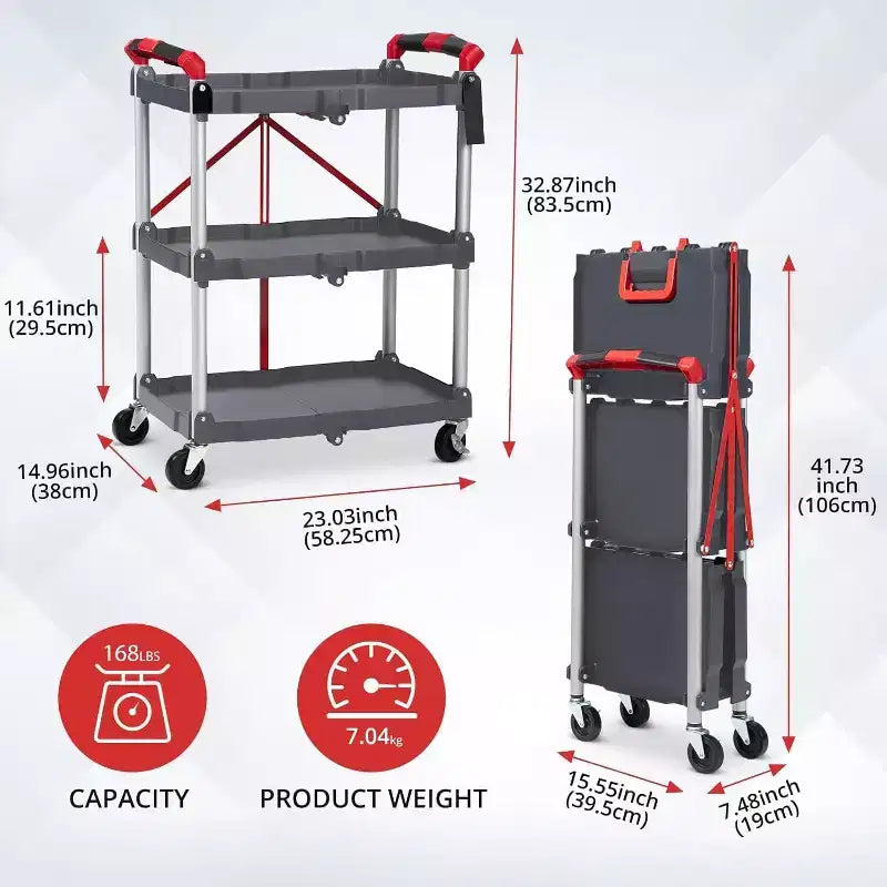 3-Tier Portable Folding Service Cart, Collapsible Push Cart with Wheels, 56 Lbs Load Capacity per Shelf, for Home/Office/Warehouse Gery