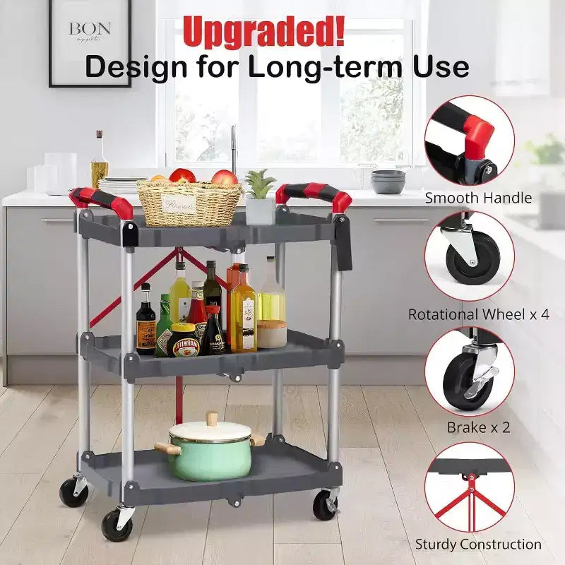 3-Tier Portable Folding Service Cart, Collapsible Push Cart with Wheels, 56 Lbs Load Capacity per Shelf, for Home/Office/Warehouse Gery