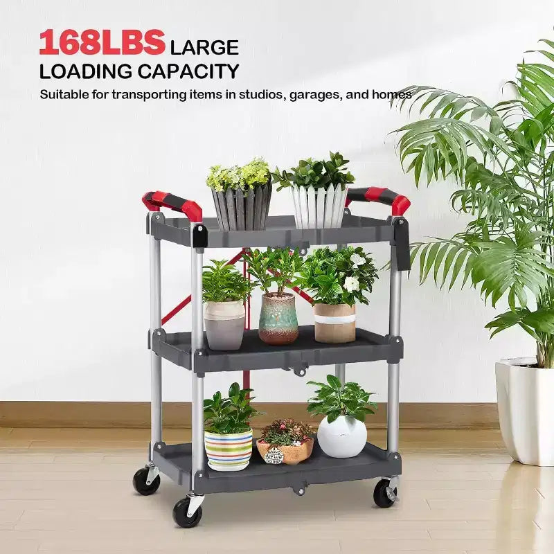 3-Tier Portable Folding Service Cart, Collapsible Push Cart with Wheels, 56 Lbs Load Capacity per Shelf, for Home/Office/Warehouse Gery