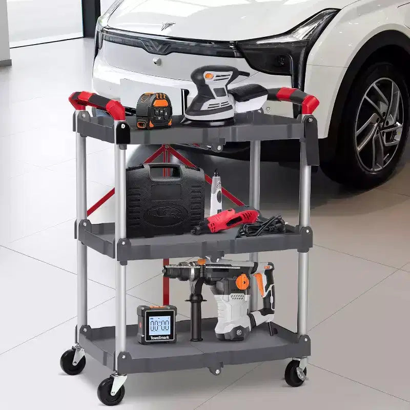 3-Tier Portable Folding Service Cart, Collapsible Push Cart with Wheels, 56 Lbs Load Capacity per Shelf, for Home/Office/Warehouse Gery