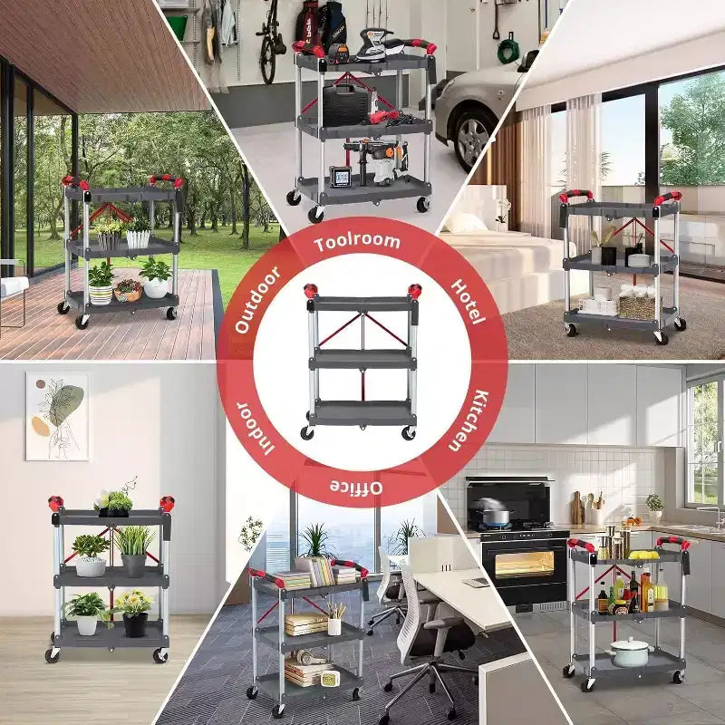 3-Tier Portable Folding Service Cart, Collapsible Push Cart with Wheels, 56 Lbs Load Capacity per Shelf, for Home/Office/Warehouse Gery