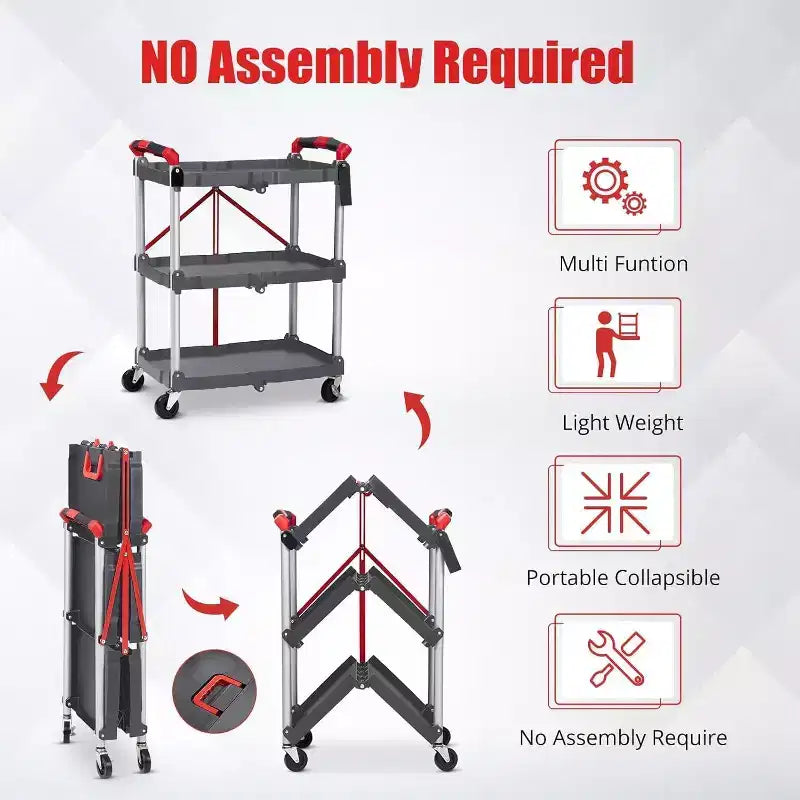 3-Tier Portable Folding Service Cart, Collapsible Push Cart with Wheels, 56 Lbs Load Capacity per Shelf, for Home/Office/Warehouse Gery