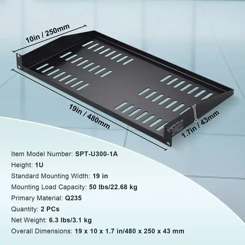2PCS 1U Server Rack Shelf, 10/254 mm Depth, 50 lbs Max Load Capacity Vented Cantilever or Wall Mount Rack Mount Shelf with Tray