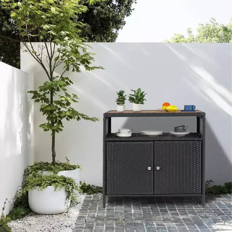 Rattan Storage Cabinet, Outdoor Cabinet for Patio Outdoor Bar Cart with 2 Doors & Adjustable Shelves