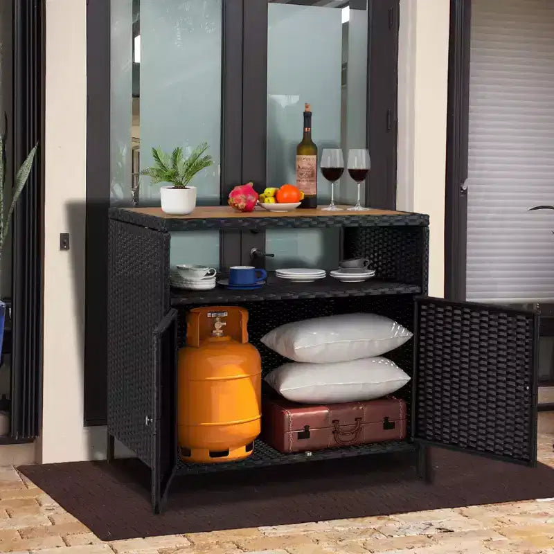 Rattan Storage Cabinet, Outdoor Cabinet for Patio Outdoor Bar Cart with 2 Doors & Adjustable Shelves