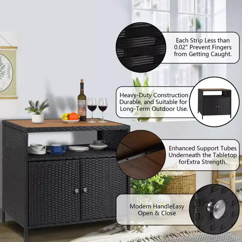 Rattan Storage Cabinet, Outdoor Cabinet for Patio Outdoor Bar Cart with 2 Doors & Adjustable Shelves