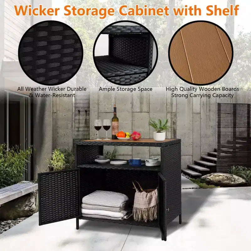 Rattan Storage Cabinet, Outdoor Cabinet for Patio Outdoor Bar Cart with 2 Doors & Adjustable Shelves