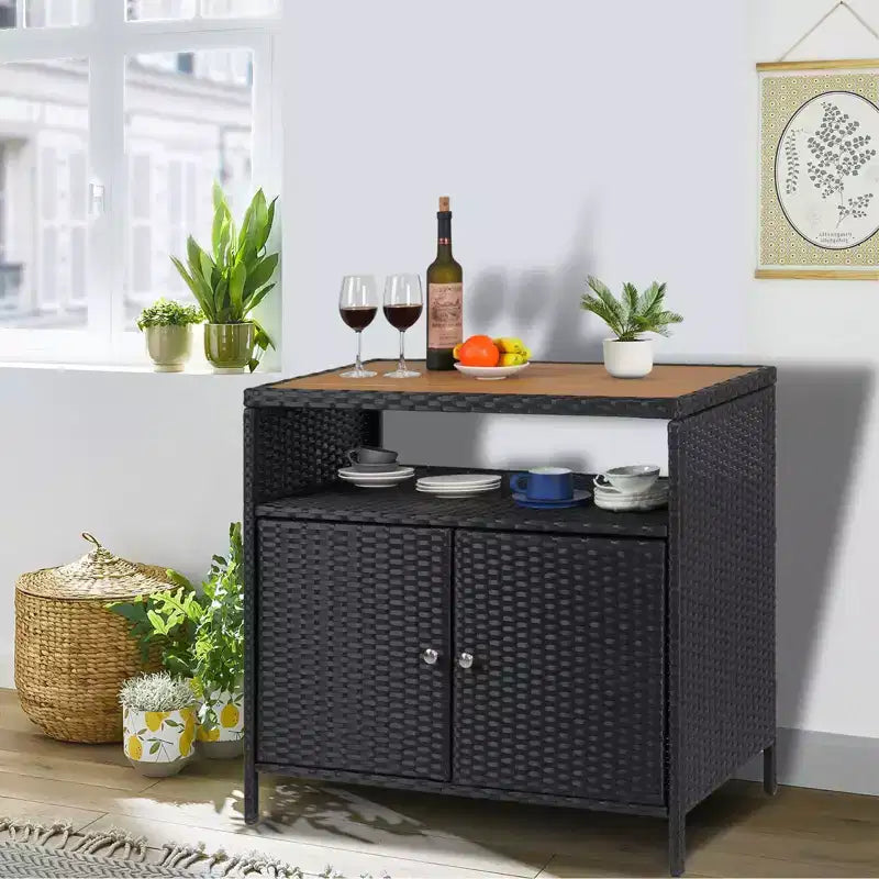 Rattan Storage Cabinet, Outdoor Cabinet for Patio Outdoor Bar Cart with 2 Doors & Adjustable Shelves