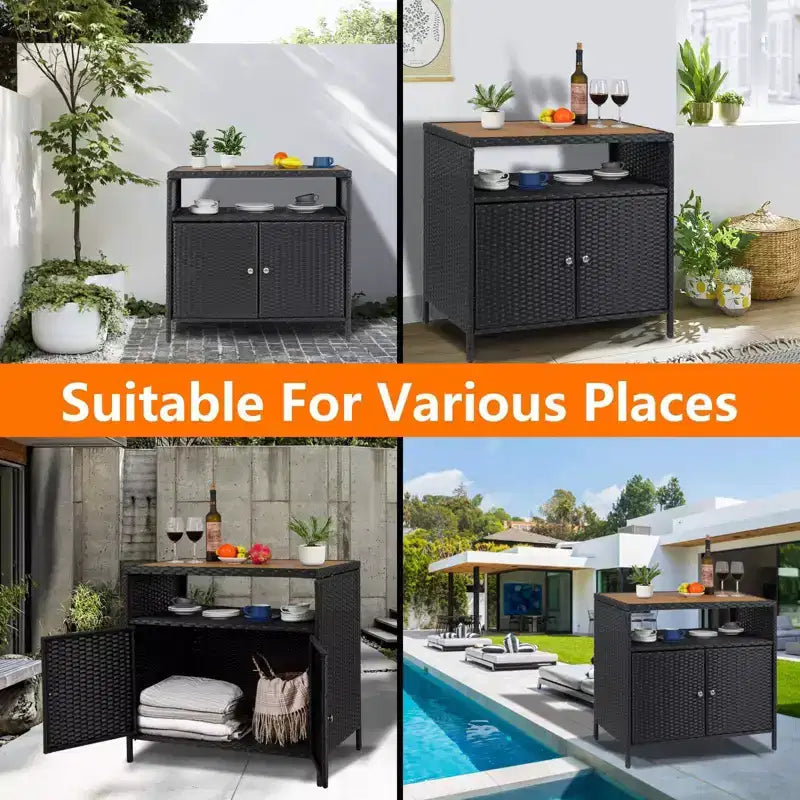 Rattan Storage Cabinet, Outdoor Cabinet for Patio Outdoor Bar Cart with 2 Doors & Adjustable Shelves