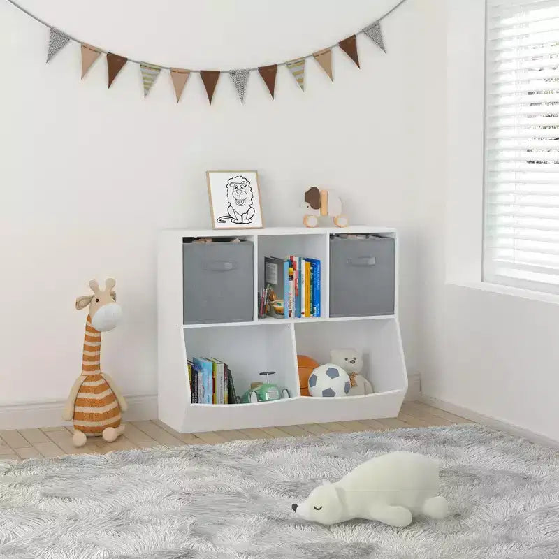 4-Cube Kids Bookshelf - Toy Storage Organizer for Playroom, Nursery & Kindergarten - White-Gray