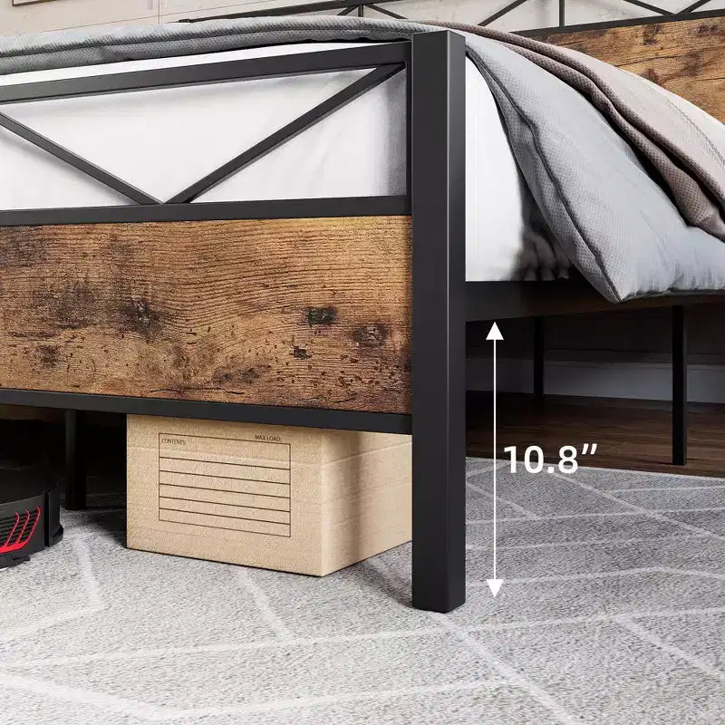 Bed Frame with Headboard, Industrial Platform King Bed Frame, Strong Metal Slats Support, 11'' Under-Bed Storage