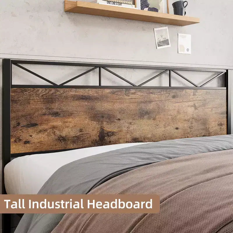 Bed Frame with Headboard, Industrial Platform King Bed Frame, Strong Metal Slats Support, 11'' Under-Bed Storage