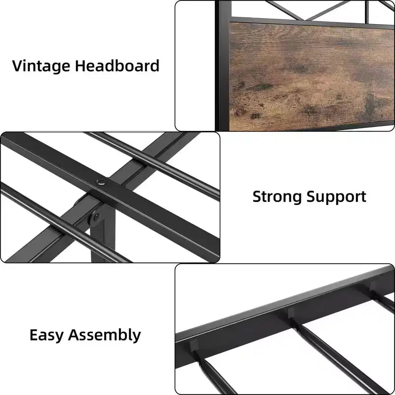 Bed Frame with Headboard, Industrial Platform King Bed Frame, Strong Metal Slats Support, 11'' Under-Bed Storage