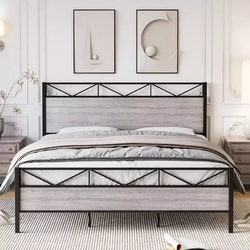 Bed Frame with Headboard, Industrial Platform King Bed Frame, Strong Metal Slats Support, 11'' Under-Bed Storage