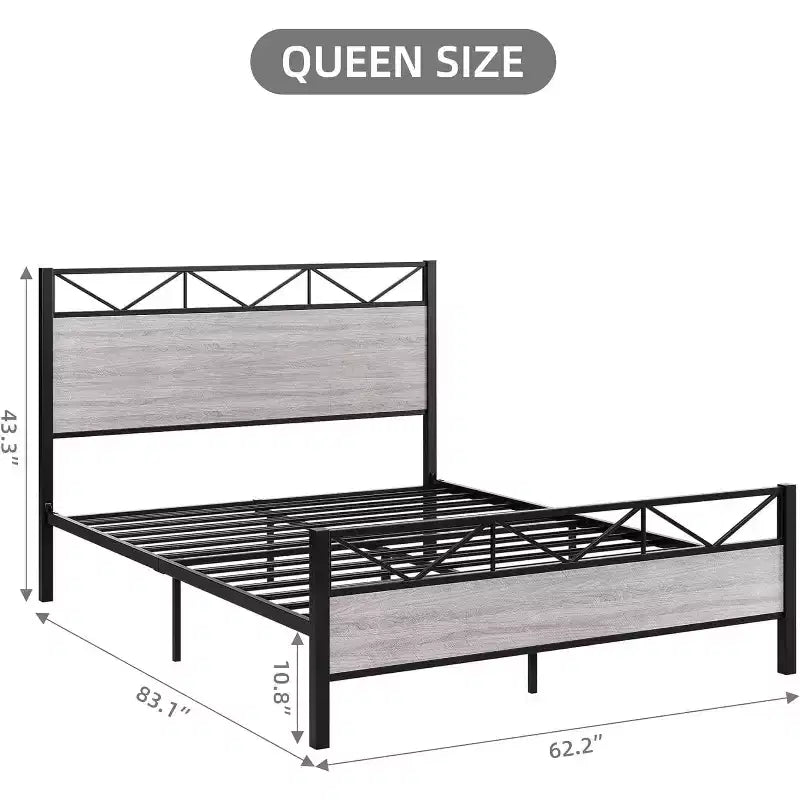Bed Frame with Headboard, Industrial Platform King Bed Frame, Strong Metal Slats Support, 11'' Under-Bed Storage