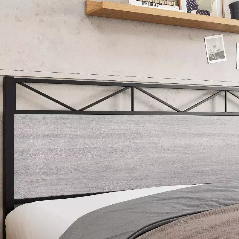 Bed Frame with Headboard, Industrial Platform King Bed Frame, Strong Metal Slats Support, 11'' Under-Bed Storage