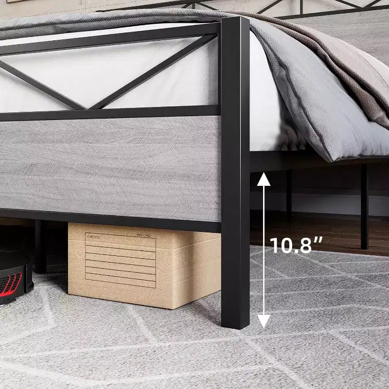 Bed Frame with Headboard, Industrial Platform King Bed Frame, Strong Metal Slats Support, 11'' Under-Bed Storage