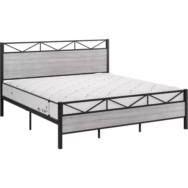 Bed Frame with Headboard, Industrial Platform King Bed Frame, Strong Metal Slats Support, 11'' Under-Bed Storage