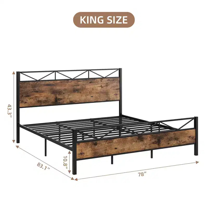 Bed Frame with Headboard, Industrial Platform King Bed Frame, Strong Metal Slats Support, 11'' Under-Bed Storage