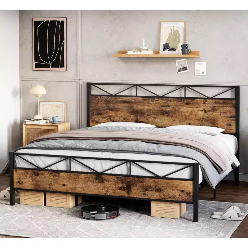 Bed Frame with Headboard, Industrial Platform King Bed Frame, Strong Metal Slats Support, 11'' Under-Bed Storage