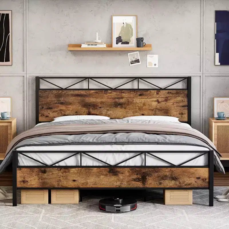 Bed Frame with Headboard, Industrial Platform King Bed Frame, Strong Metal Slats Support, 11'' Under-Bed Storage