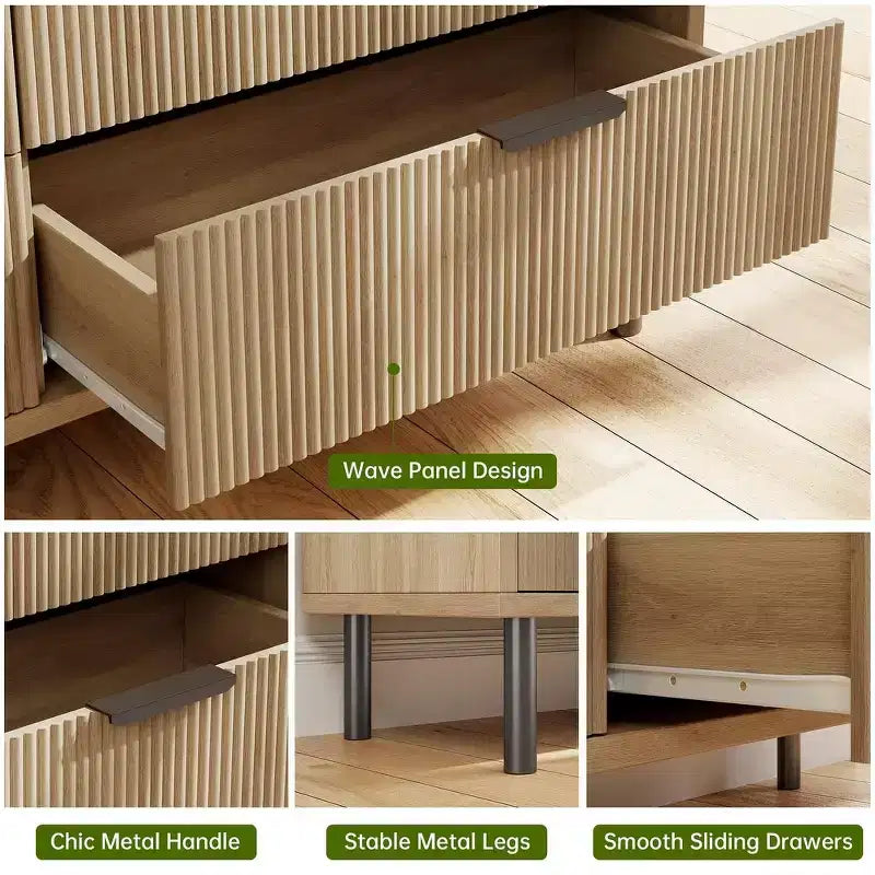 Modern Fluted 3/5/6 Drawer Dresser with Metal Legs, Wood Chest of Drawers Storage Cabinet, Nightstand Organizer for Bedroom, Entryway, Hallway