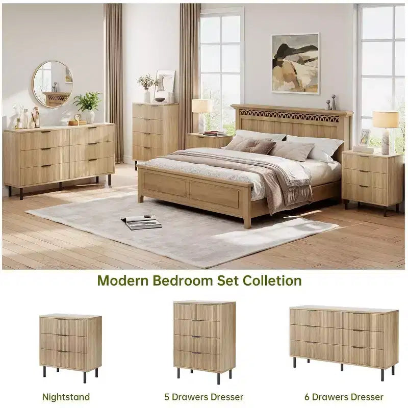Modern Fluted 3/5/6 Drawer Dresser with Metal Legs, Wood Chest of Drawers Storage Cabinet, Nightstand Organizer for Bedroom, Entryway, Hallway