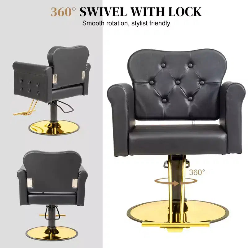 Black Gold Heavy Duty Hydraulic Swivel Hair Stylist Salon Chair with Button Tufting
