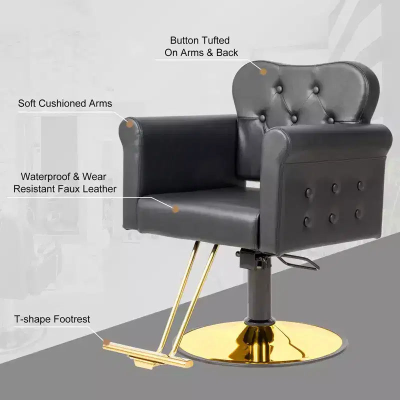 Black Gold Heavy Duty Hydraulic Swivel Hair Stylist Salon Chair with Button Tufting