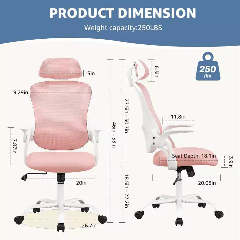 Office Chair Ergonomic with Adjustable Headrest Pink Fabric 250 lb capacity