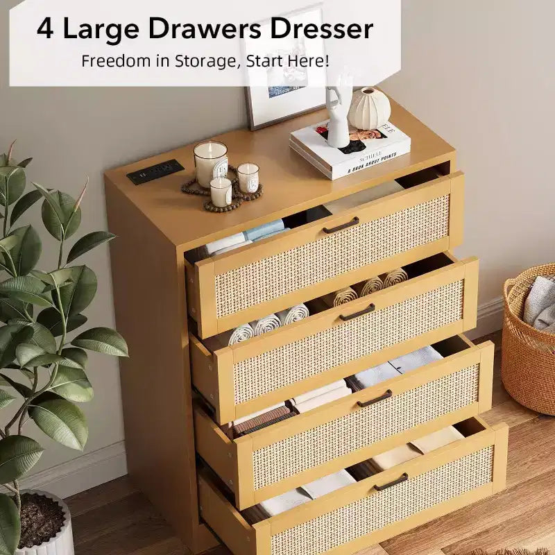 Modern Tall Rattan 4 Drawer Dresser or Living Room, Hallway, Entryway, Bedroom