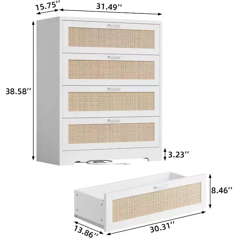 Modern Tall Rattan 4 Drawer Dresser or Living Room, Hallway, Entryway, Bedroom