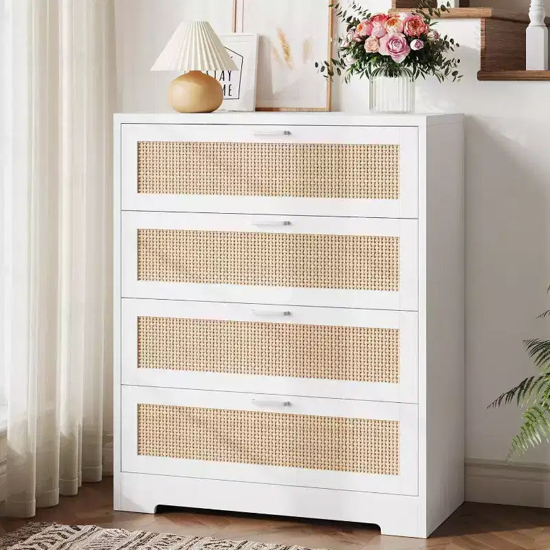 Modern Tall Rattan 4 Drawer Dresser or Living Room, Hallway, Entryway, Bedroom