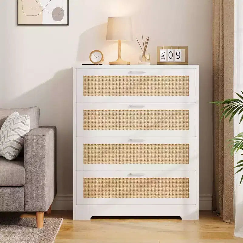 Modern Tall Rattan 4 Drawer Dresser or Living Room, Hallway, Entryway, Bedroom