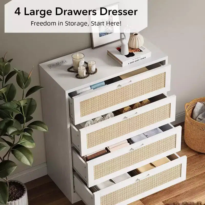 Modern Tall Rattan 4 Drawer Dresser or Living Room, Hallway, Entryway, Bedroom
