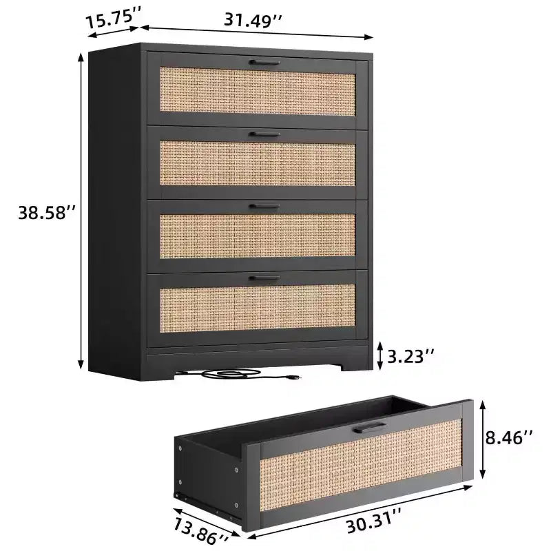 Modern Tall Rattan 4 Drawer Dresser or Living Room, Hallway, Entryway, Bedroom