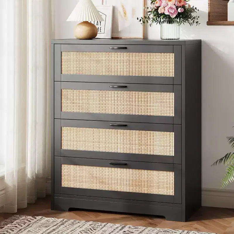 Modern Tall Rattan 4 Drawer Dresser or Living Room, Hallway, Entryway, Bedroom